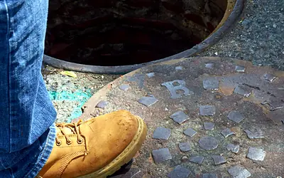 Open sewer manhole with the cover moved aside