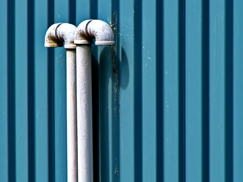 White pipes with elbow bends running down a blue corrugated wall